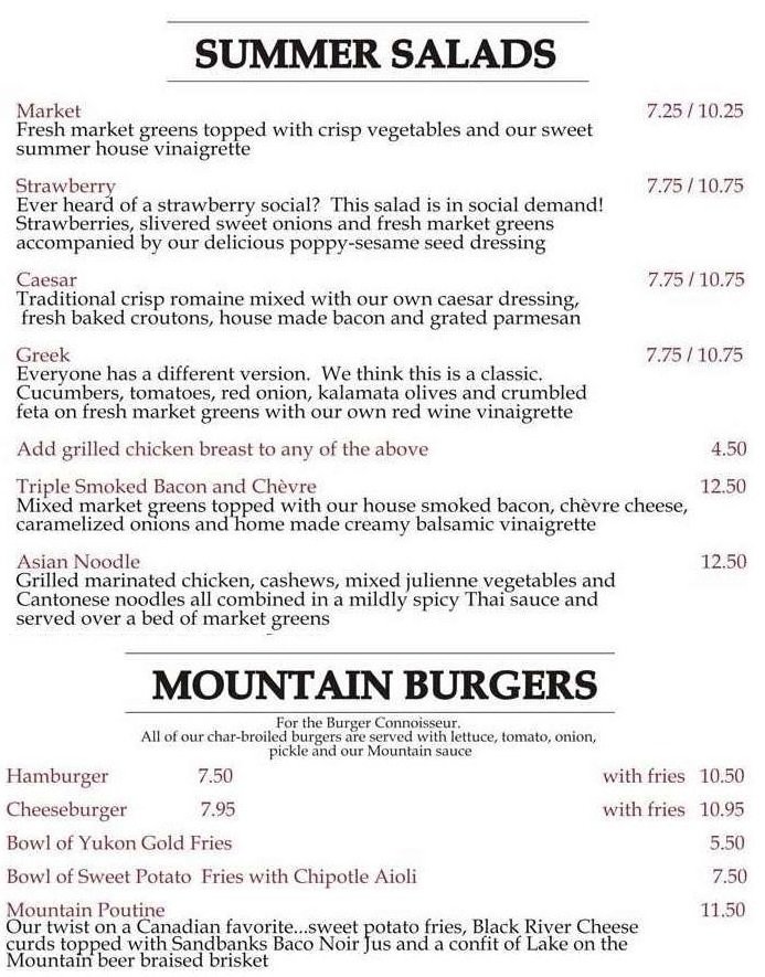 Lake on the Mountain Inn Menu