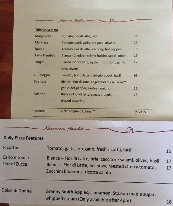 Norman Hardie Winery Menu