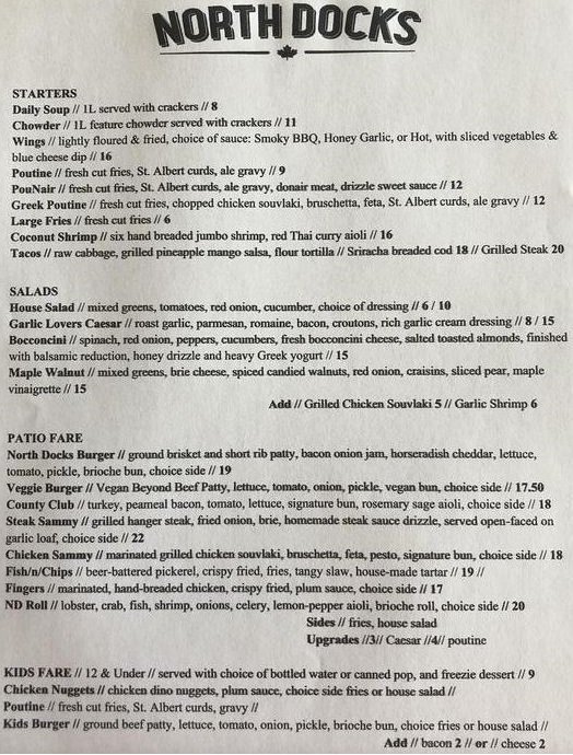 North Docks Menu