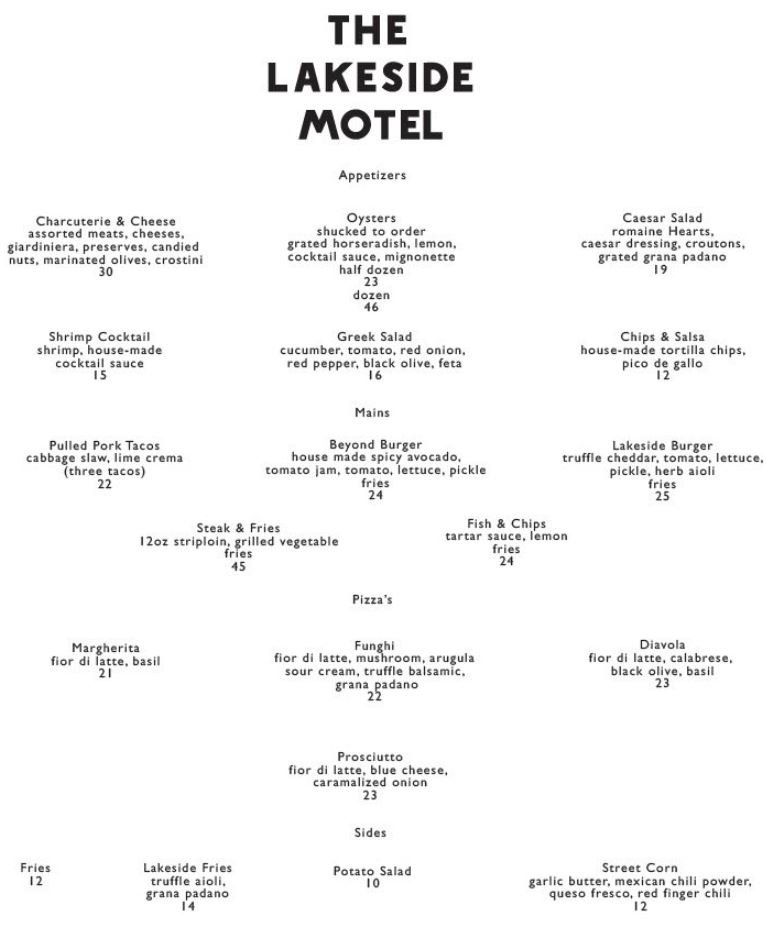 The Lakeside Motel Wellington Menu