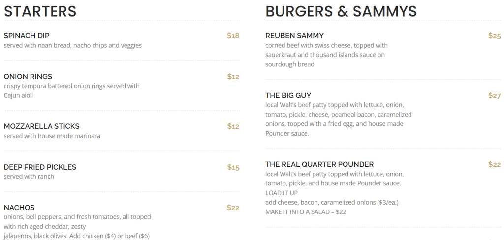 Pounders Pub Sample menu