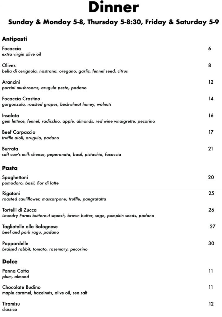 Onesta Picton Menu