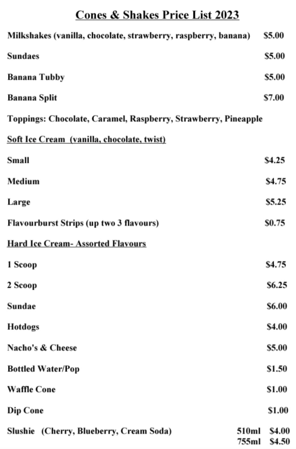 Cones & Shakes Menu