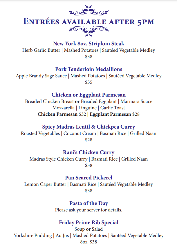 Restaurant at the Knoll Dinner Menu