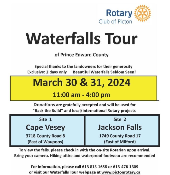 Rotary Club Flyer about waterfall tours in PEC