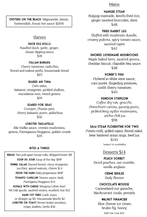 Hartley's Dinner Menu